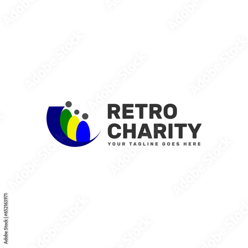 a retro charity logo template, an abstract moon and 3 abstract peoples