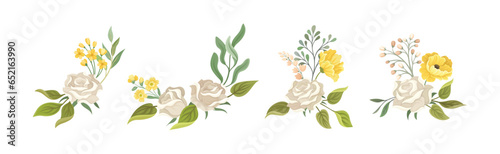 White Rose Bud and Blooming Twig Floral Composition Vector Set