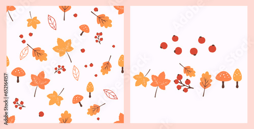 Autumn seamless pattern with maple  leaves, mushroom and red berry on white background vector.