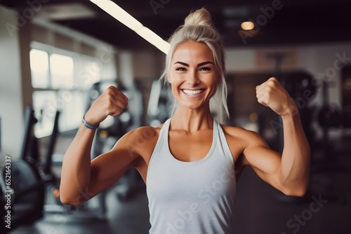 Beautiful sporty fit brunette woman showing fist, flexing arm muscles at the gym, fitness trainer, healthy lifestyle