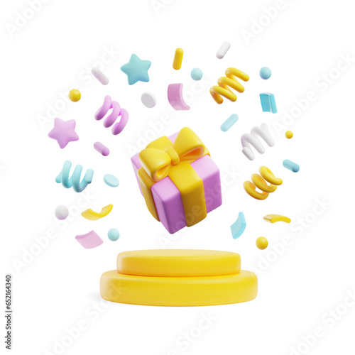 Gift box with confetti on podium, 3D render vector illustration isolated.
