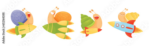 Fast Snails Funny Mollusk Character with Turbo Rocket Speed Booster Vector Set