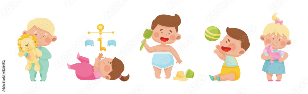 Cute Toddler Children Playing With Different Toys Vector Set Cute Toddler Children Playing With Different Toys Vector Set