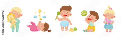 Cute Toddler Children Playing With Different Toys Vector Set