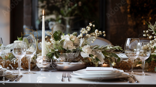 Christmas table decor, holiday tablescape and dinner table setting, formal event decoration for New Year, family celebration, English country and home styling photo