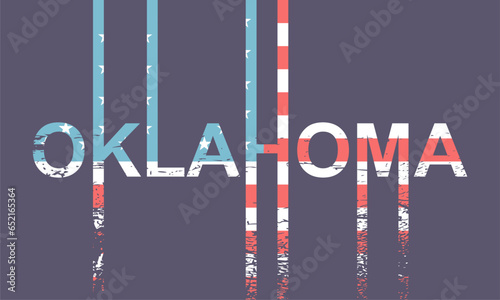 Image relative to USA travel. Oklahoma state name in geometry style design painted by national flag. Creative vintage typography poster concept.