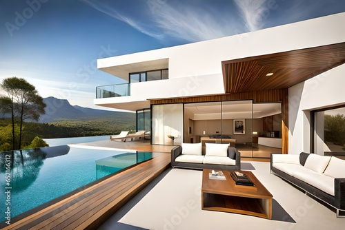 Modern villa with pool and deck with interior and © Muhammad