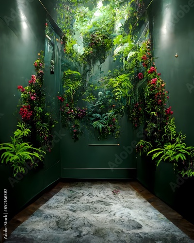 jungle in a room in perspective with granite floor and walls fully covered with flowers vines higest photorealistic  photo