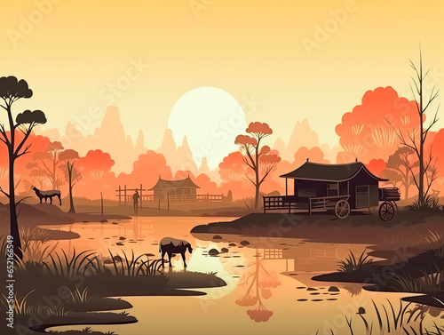 Red Sunset on farm agriculture country background illustration for poster  Generative Ai
