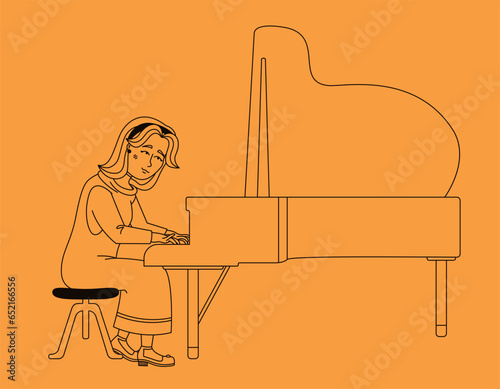 Woman playing piano. Female jazz musician in outline style.