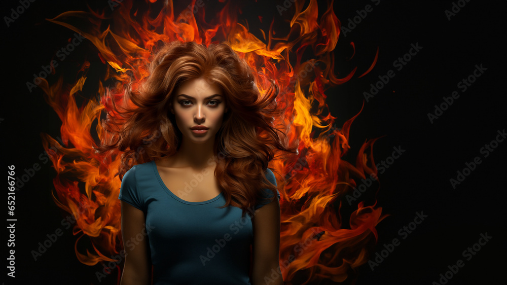 Hübsche Frau mit Flammen im Hintergrund Querformat, ai generativ