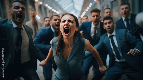 an obnoxious businessman screaming at her Boss infront of her team, ai generated.