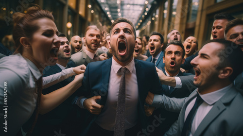an obnoxious businessman screaming at her Boss infront of her team, ai generated. photo