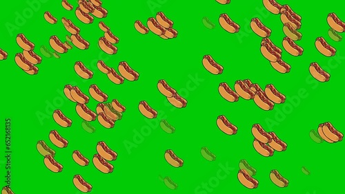 Fast food hot dogs cartoon style falling and rain on green screen background for chroma key and looping animated.