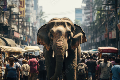 a massive asian elephant roaming in the city, ai generated.