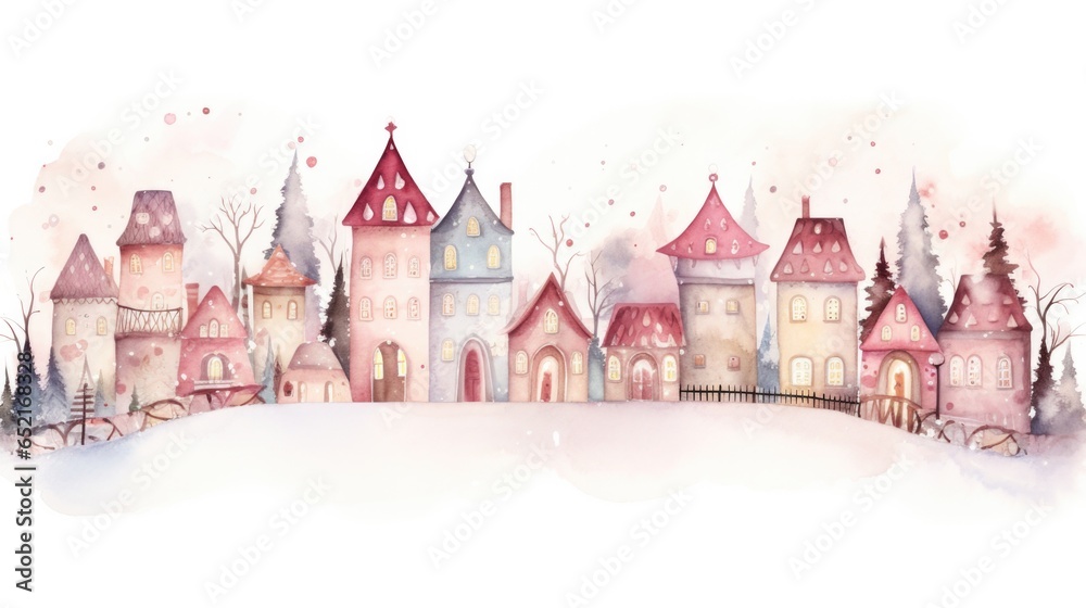 Watercolor illustration of a Christmas village with houses and tree background.