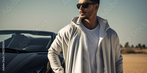 A young Arab man in a thobe and ghutra posing in front of the car