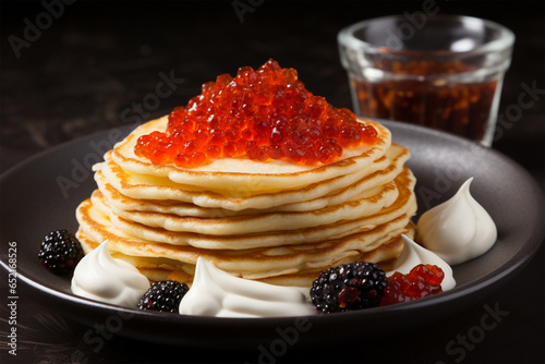 Traditional Russian pancakes with red caviar.