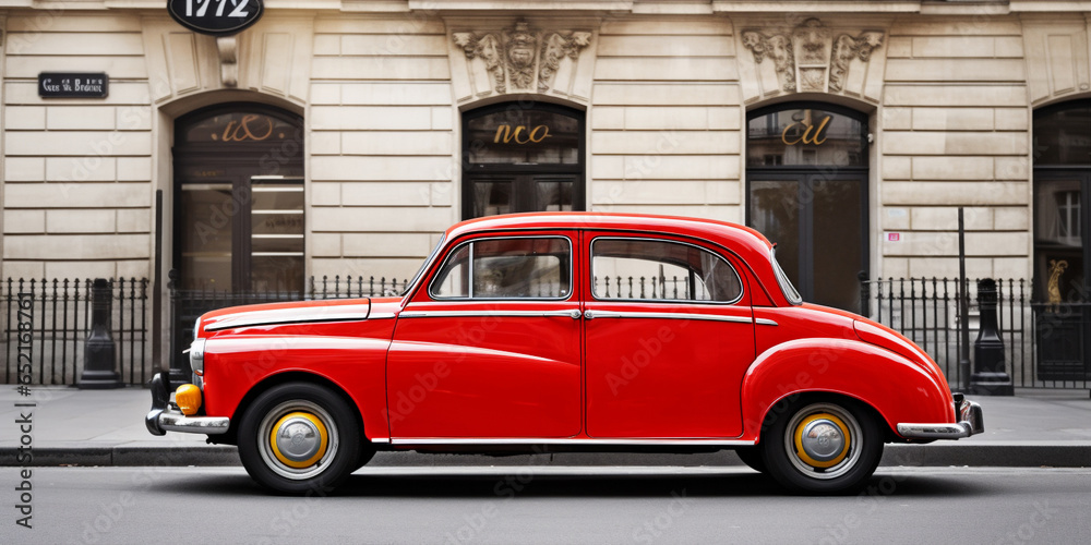 A Paris taxi cab with its bright red color.