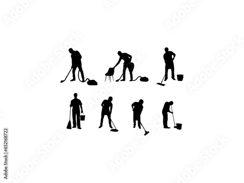 Set of Janitor man silhouette. Cleaning service silhouette vector. People and vacuum cleaner silhouettes isolated white background.