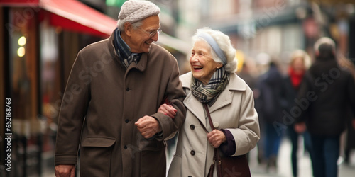 A Senior Couple Exploring A Bustling City Street