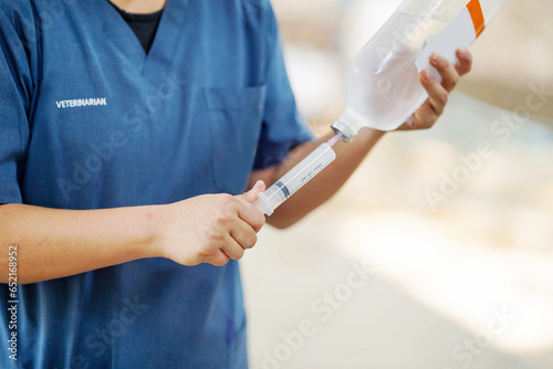 A veterinarian is preparing a saline syringe to clean the wound of a dog receiving treatment in clinic.
