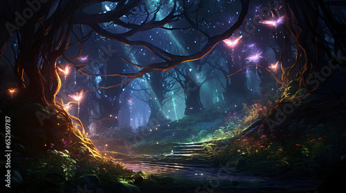 Mysterious magical lights sparkling in fantasy forest
