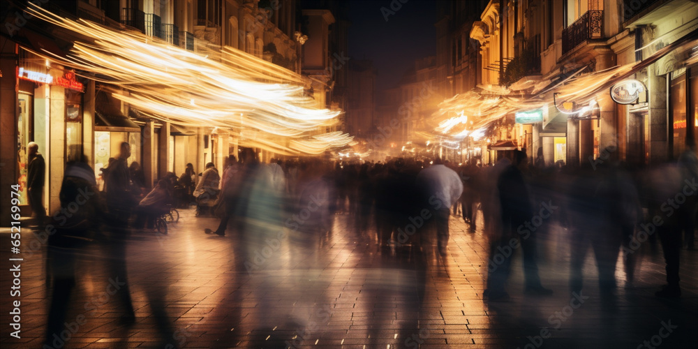 Fast moving crowd of people on a busy street