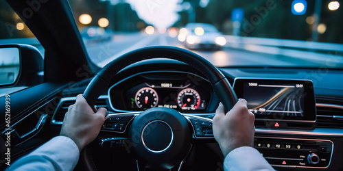 hands on the steering wheel in modern interior photo