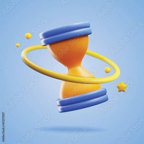 3d realistic full hourglass or sandclock hanging in the air decorated with ring and stars, vector render watch on blue