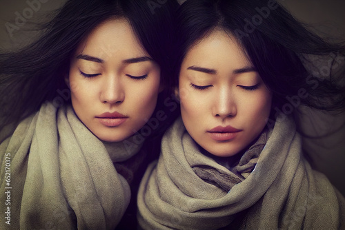 A studio portrait of two Asian sisters or twins posing close together and wearing light grey wraps or shawls. Natural complexions and clear skin, eyes closed.
