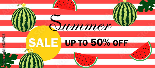 Summer sale Vector illustration. Summer sale with watermelon on red stripe background.
