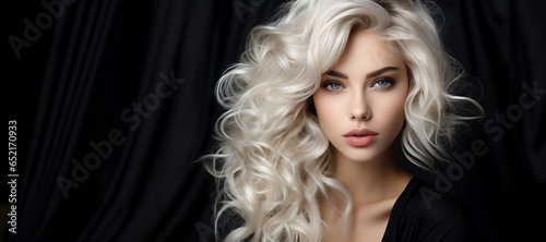 Glossy groomed white hair coiffure. Beautiful girl with long blonde hair on dark background photo
