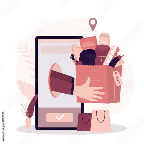 Seller give paper bag full of various products, grocery delivery service from online food shop. Hands of courier holding paper bag with fresh food. E-commerce, online order.
