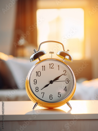 Close-up of an alarm clock on the background of a bright room, bed and window with curtains