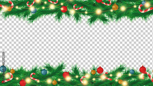 Merry Christmas decoration ribbon with fir tree garland with isolated background