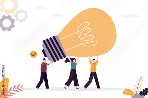 Business innovative solution, team brainstorming, pitching ideas. Invention help company achieve goals, smart business people, teamwork help carry big lightbulb innovation idea.