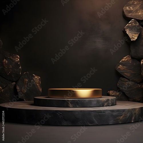 Black and Gold rock Podium for Product Presentation, Mockups, and Cosmetic Showcase . Generative AI