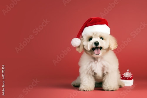 Poodle dog wearing red santa hat isolated on red background