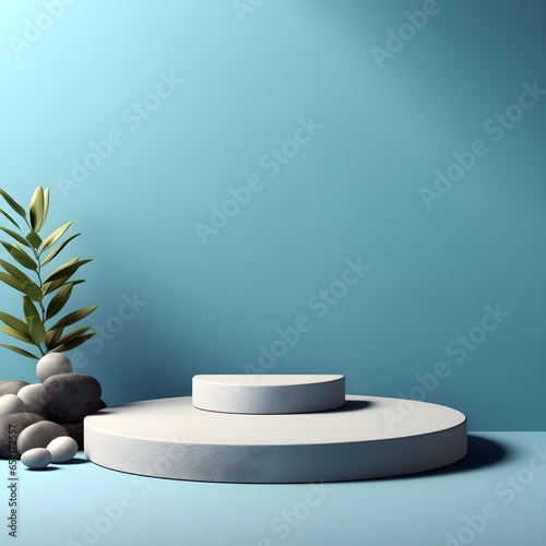 Elegant Blue and Grey Rock Podium with a touch of nature for Showcasing Products, Mockups, and Cosmetic Displays . Generative AI