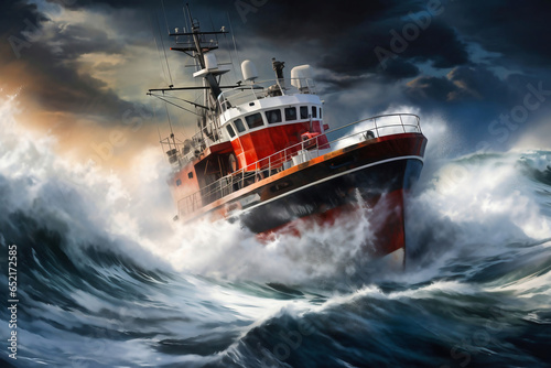 A cargo or fishing ship is caught in a severe storm. Ship at sea on big waves. The threat of shipwreck. Element in the ocean. The hard work of a sailor.