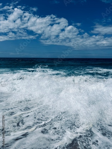 Fototapeta Naklejka Na Ścianę i Meble -  Waved seashore, sea water foam, powerful and fresh seascape, blue horizon