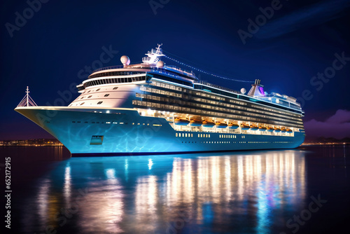 A huge cruise line travels across the sea. Sea travel vacation. Seascape overlooking a cruise liner. Passenger liner enters the port. Tourist travel in the ocean.