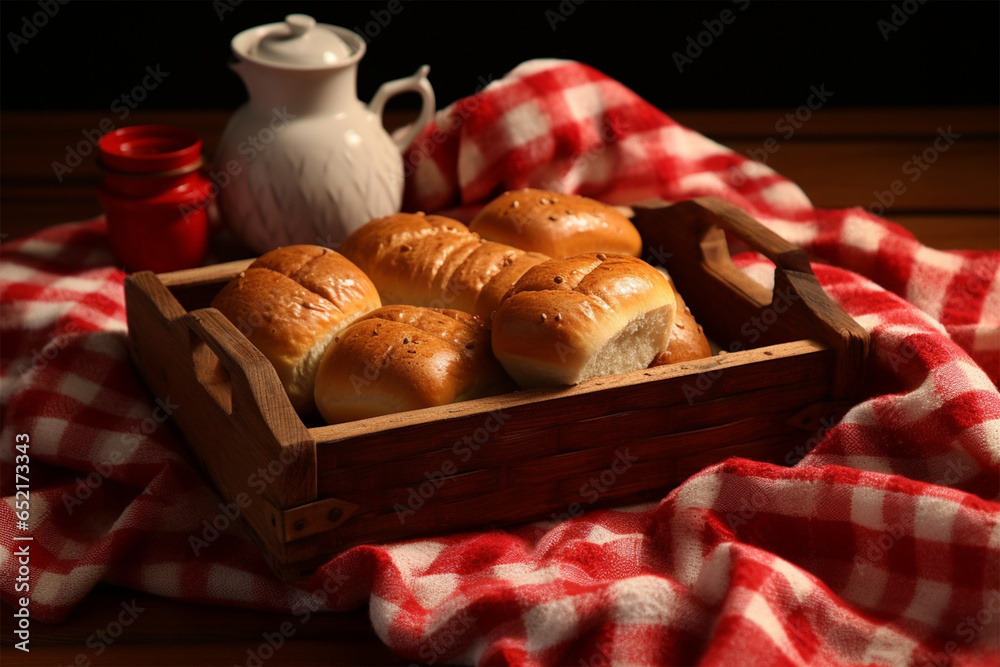 bread in a wooden tray on a red and white cloth