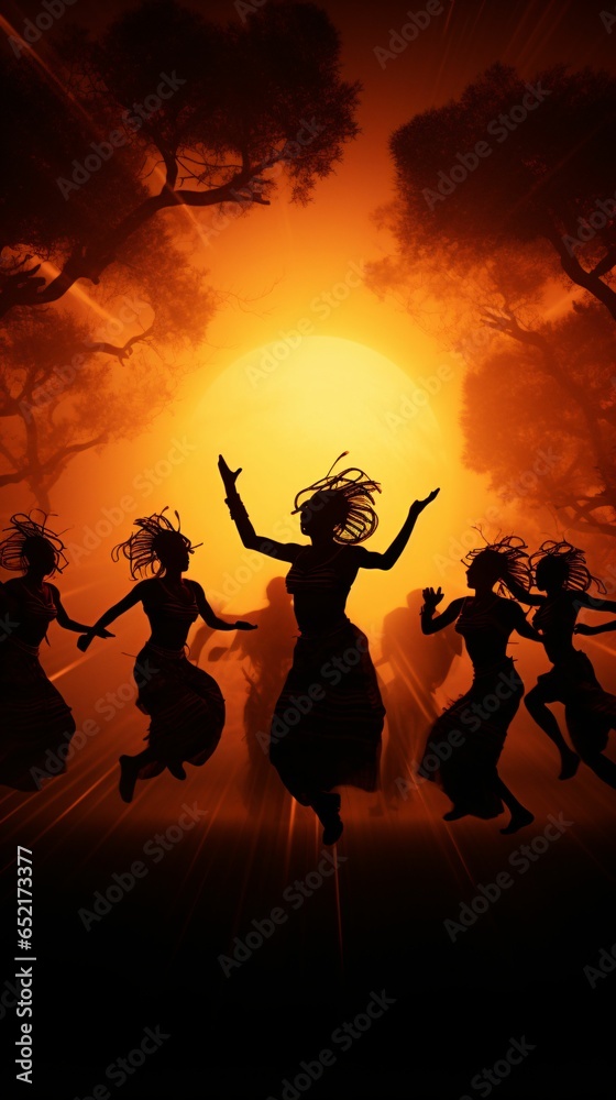 Multiple African tribal dancers, silhouetted against an orange sunset, leap in unison, their movement blurred and ethereal in long exposure, creating a sense of collective energy