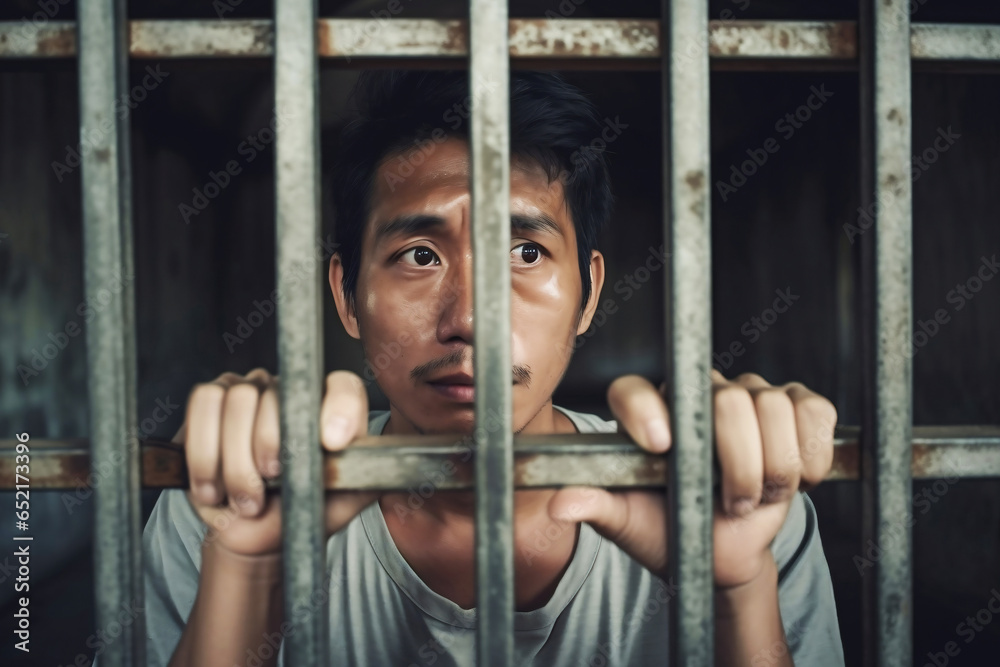 Obraz premium An Asian male prisoner in a cell behind bars. Chinese guy behind bars. The pain and suffering of the prisoner. Judgment. Hopelessness.