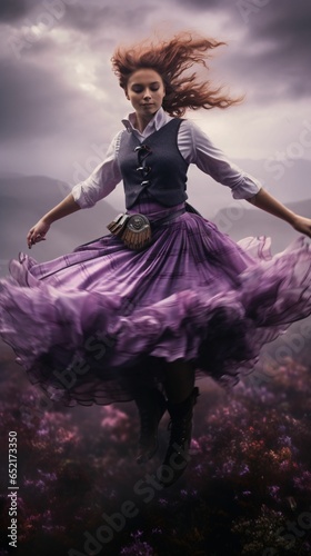 Against the haunting backdrop of Scotland's fog-covered moors, a Highland dancer energetically leaps; her tartan kilt creating ghostly swirls in the extended exposure amidst purple heather