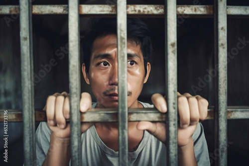 An Asian male prisoner in a cell behind bars. Chinese guy behind bars. The pain and suffering of the prisoner. Judgment. Hopelessness.
