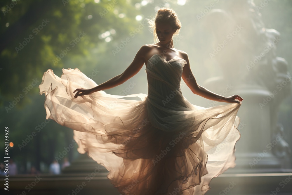 Amidst the statuesque sculptures of Paris' Luxembourg Gardens, a ballet dancer executes a delicate pirouette; her tutu's gossamer layers become a dreamy blur in the long exposure - obrazy, fototapety, plakaty 
