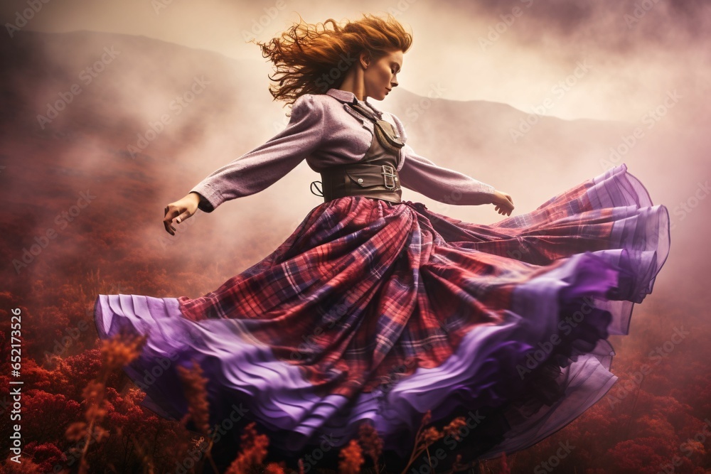 Against the haunting backdrop of Scotland's fog-covered moors, a Highland dancer energetically leaps; her tartan kilt creating ghostly swirls in the extended exposure amidst purple heather - obrazy, fototapety, plakaty 